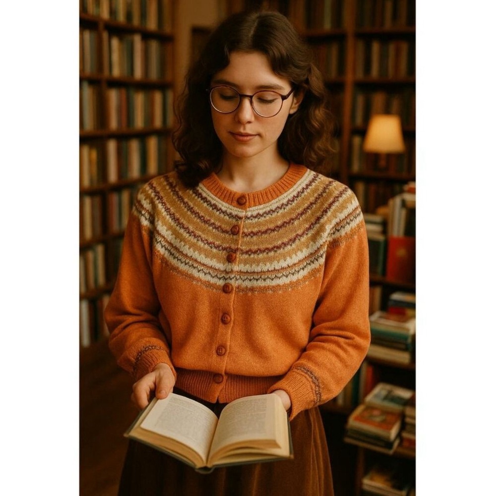 Vintage Tiara Fair Isle Knit Sweater Button Up Cardigan Orange Velvet Ribbon 3X